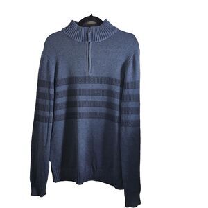 Tahari Mens Quarter Zip Pullover Striped Mock Neck Sweater Indigo Blue Sz Large